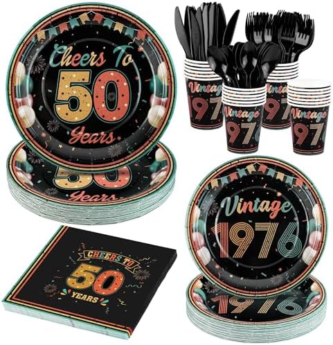 Kochorie 175 Pieces Vintage 50th Birthday Party Supplies Cheers to 50 Years Birthday Party Table Decoration Back in 1976 Tableware Set 7 Inch & 9 Inch Paper Plates Napkins Cups Cutlery Serves 25 by Kochorie