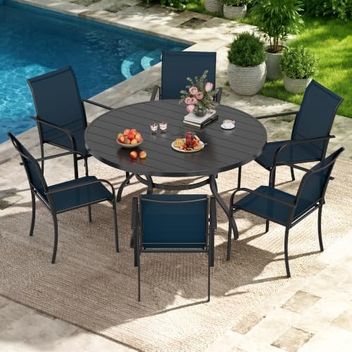 Incbruce 7 PCS Patio Dining Set, Outdoor Dining Set of 6 Textilene Chairs and 53" Round Table with Umbrella Hole for Backyard, Garden, and Poolside (Blue) - Image 7