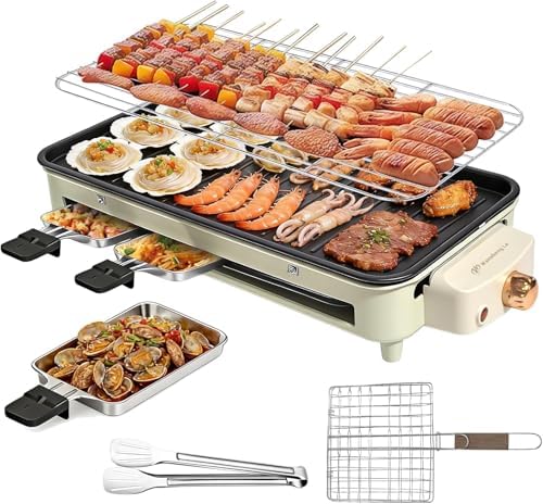 1500W Smokeless Electric Indoor Grill, 3 in 1 Korean Barbecue Grill with Net & Non-Stick Removable Plate and Magnet Strip, Temperature Control & Dishwasher Safe, Smokeless Korean BBQ for Kitchen Party by WanshengLe