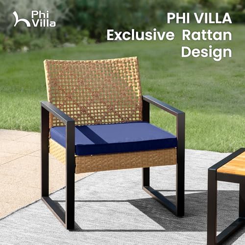 PHI VILLA 4 Piece Yellow Wicker Patio Furniture Set with Navy Cushion - Image 4