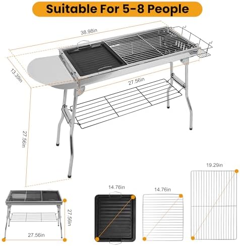 Portable Charcoal Grill, Large Stainless Steel Folding BBQ Grill with Storage Shelf, Foldable Barbecue Grill for Outdoor Cooking Camping Hiking Backyard Garden Picnic Parties Kabob (39x13.4x28 Inch) - Image 2