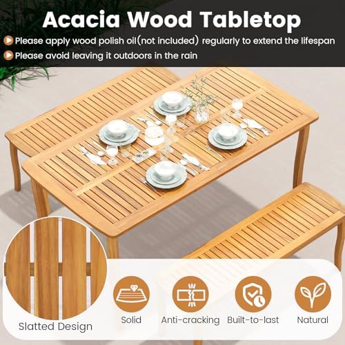 HAPPYGRILL 3 Pieces Acacia Wood Patio Dining Set, Outdoor Table Bench Set with 1.97” Umbrella Hole, Outside Furniture Set for Poolside Backyard Garden Deck - Image 5