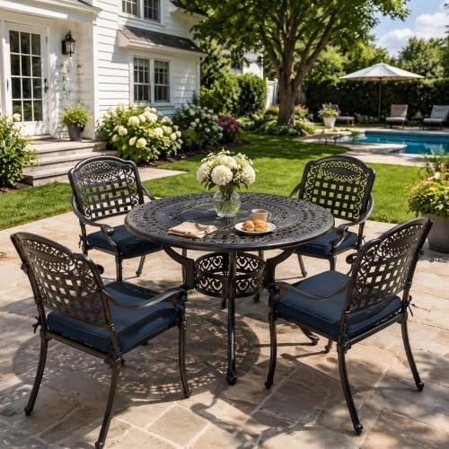 VIVIJASON 5-Piece Patio Furniture Dining Set, All-Weather Cast Aluminum Outdoor Conversation Set, Include 4 Cushioned Chairs and 1 Round Table w/Umbrella Hole for Balcony, Backyard, Navy Blue Cushion - Image 2
