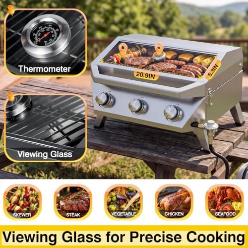 BESTFIRE 3 Burner Propane Grill, 30000 BTU Stainless Steel Tabletop BBQ, Portable Gas BBQ with Glass Lid, Thermometer & Dual Tank Adapter for 1lb/20lb, Outdoor Camping Tailgating 29.72" Wide - Image 5