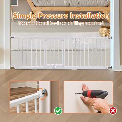 YZHDUXIU 18" Height Short Dog Gate with Small Cat Door, Adjustable 18"-48" Extra Wide Pet Gate with 4 Extension Kits Pressure Mounted for Doorways and Stairs, White - Image 4