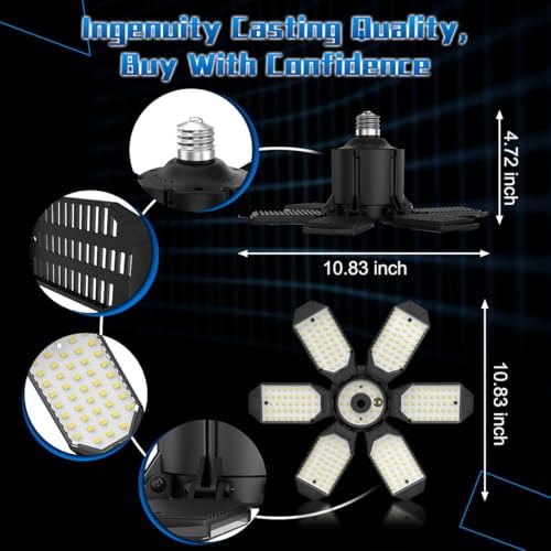 Garage Light Bulbs - Garage Lights Led Screw into Bulb Socket with 6 Deformable Panels 6500K Basement Light Fixture E26 Base Led Shop Lights for Basement Workshop Warehouse Attic - 4Pack - Image 6