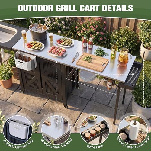 3-in-1 Outdoor Grill Cart with Sink & Faucet, Stainless Steel Top Outdoor Kitchen Island, Prep Table with Foldable Side Table, Storage Cabinet, Rolling Grill Station with Wheels for Patio, Backyard - Image 3