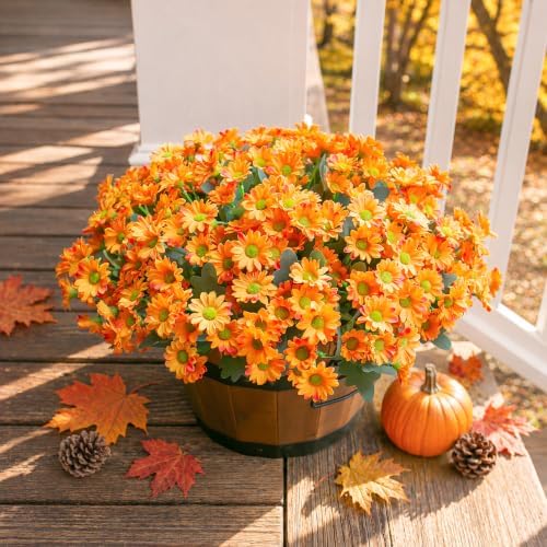 Daisy Artificial Flowers for Outdoors Autumn Fall Decor, 6 Bundles Fake Mums Orange Silk Flowers for Outside Look Real UV Resistant Fake Plants Faux Flowers for Planter Front Door Home Indoor Porch - Image 4