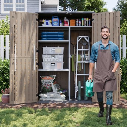 Aoxun 64 Cu.Ft Waterproof Resin Outdoor Shed with Floor & Shelving, Brown - Image 2
