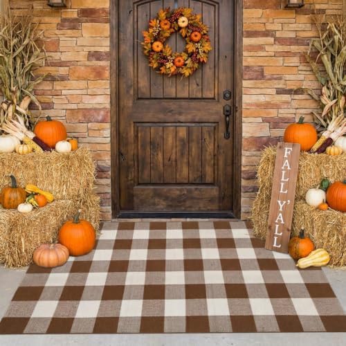 MUBIN Fall Decor Cotton Buffalo Plaid Rug, 3' x 5' Coffee White Outdoor Rug Front Door Decorative Mat, Washable Doormat Hand-Woven Foldable Area Rug Layered Door Mats Rug for Front Porch, Entryway - Image 2