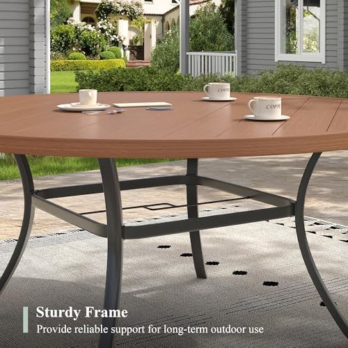 Outdoor Dining Table for 8, 63" Round Outdoor Table with Adjustable Umbrella Hole, All-Weather Metal Patio Dining Table for Lawn Garden Backyard Deck, Walnut - Image 5
