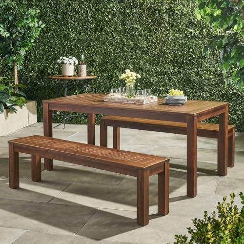 69'' Outdoor Patio Dining Table & 2 Bench for 4, Acacia Wood Farmhouse Dining Table Set Outdoor & Indoor Furniture for Patio Porch Garden, 3-Pcs, Dark Brown by JJKFurniture-kevinplus