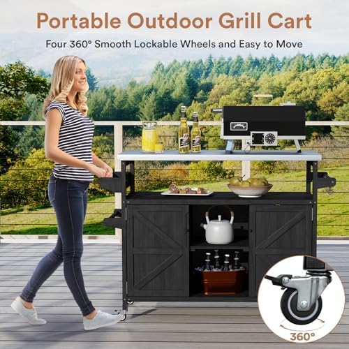 Zevemomo Outdoor Grill Cart with Storage, Lockable Casters, Black - Image 6