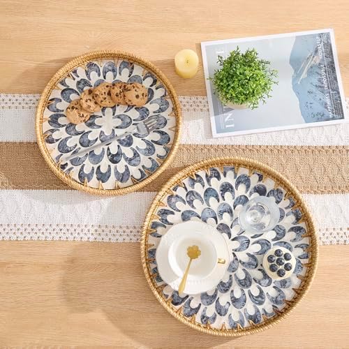 Round Rattan Tray with Mother of Pearl Inlay, Rattan Serving Tray with Wooden Base, Decorative Wicker Basket for Table Decor, Storage and Display of Coffee Bread Food Fruit (Plume 13.5") - Image 2