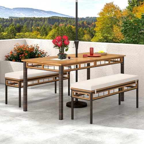 Tangkula 3 Pieces Wood Patio Dining Set, Outdoor PE Wicker Rectangular Acacia Wood Table and 2 Cushioned Benches with 1.97” Umbrella Hole, Outside Furniture Set for Deck, Garden and Backyard - Image 2