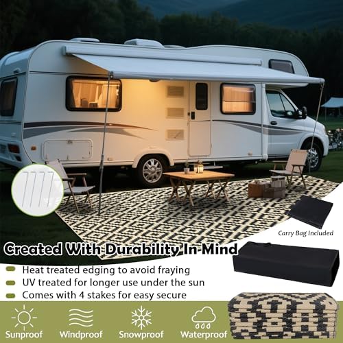 SAND MINE Reversible Mats, Plastic Straw Rug, Modern Area Rug, Large Floor Mat and Rug for Outdoors, RV, Patio, Backyard, Deck, Picnic, Beach, Trailer, Camping (8' x 16', Black & Beige Lattice) - Image 4