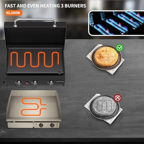 SKOK 23.3 Inch Flat Top Grill, Gas Griddle with Hood, Portable Tabletop Propane Gas Griddle Grill for Camping, Outdoor & Tailgating Barbecue, 45,000 BTU Output, 3 Burners - Image 3