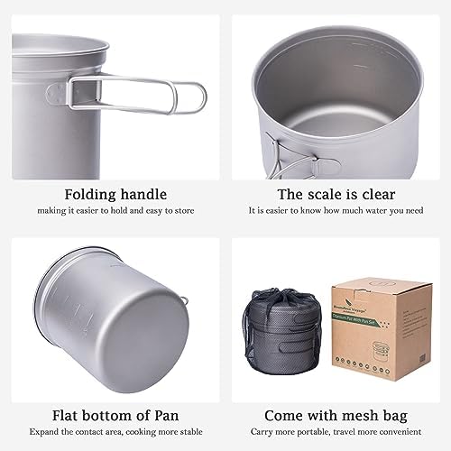 Titanium Pot Pan Set with Folding Handle Outdoor Camping Soup Pot Bowl Frying Pan Mess Kit Picnic Cookware - Image 3