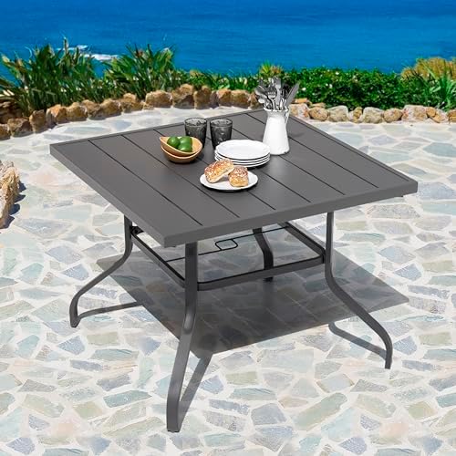NUU GARDEN 37" Outdoor Patio Table, Square Steel Slat Dining Table for 4 with 1.57" Umbrella Hole, Powder-Coated Iron Frame and Slatted Top for Patio, Garden and Balcony, Gray - Image 2