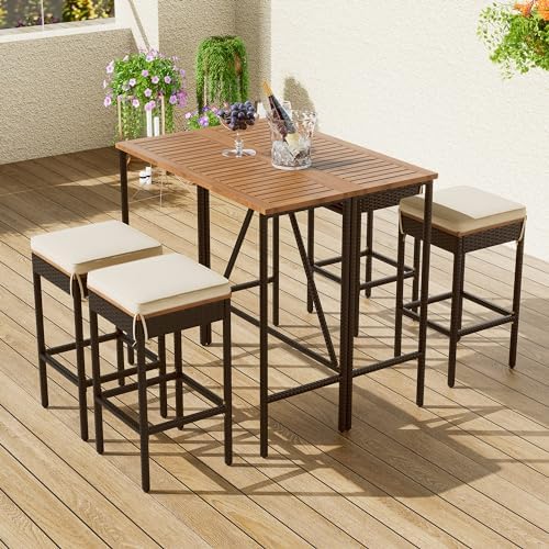 GO 5-Piece Outdoor Acacia Wood Bar Height Table And Four Stools With Cushions, Garden PE Rattan Wicker Dining Table, Foldable Tabletop, High-Dining Bistro Set, All-Weather Patio Furniture, Brown by HarperBrightDesigns