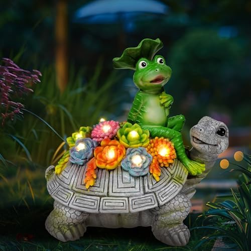 Solar Garden Outdoor Statues Turtle& Frog with Succulent and 8 LED Lights - Image 7