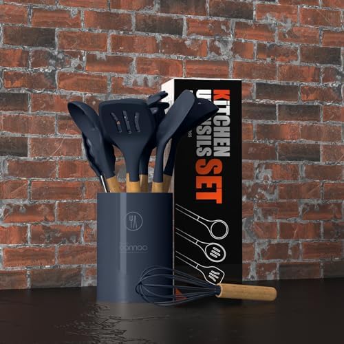 oannao Silicone Cooking Utensils Set - 446°F Heat Resistant Silicone Kitchen Utensils for Cooking,Kitchen Utensil Spatula Set w Wooden Handles, BPA FREE Gadgets for Non-Stick Cookware (Navy Blue) - Image 5