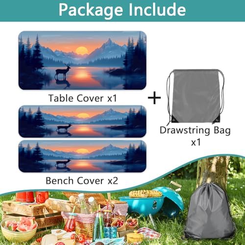 3 PCS Picnic Table Cover with Bench Covers & Storage Bag, Waterproof Fitted Camping Tablecloth with Elastic, 30x72 Inch, Sunset Mountain Lake Deer Forest Print, Indoor Outdoor Patio RV Party Table - Image 7