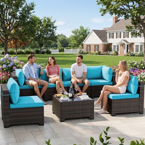 LEVELEVE 7-Piece Outdoor Patio Furniture Sets, Manual Weaving Rattan Conversation Sectional Sofa with Tempered Glass Coffee Table, All-Weather PE Wicker & Thick Cushions for Garden, Backyard, Porch by Enjoyyourlife