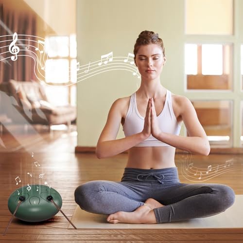 Rain Drum for Outside Garden, 6 Inches 8 Notes Steel Tongue Chakra Drums, Waterproof Meditation Rain Chime, Musical Instruments for Adult Gift with Bag, Music Book, Drum Mallets (Green) - Image 5