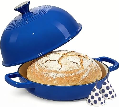 Enamelled Cast Iron Dutch Oven Pot – Dutch Oven Pot with Lid For Sourdough Bread Baking – Cast Iron Bread Oven – Dark Blue, Umite Chef 6QT Pot with Lid & Cotton Potholders by UmiteChef
