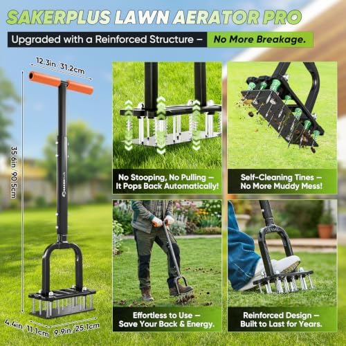 Sakerplus Aerator Lawn Tool, Spike Lawn Aerator with Self-Cleaning Tines - Image 2