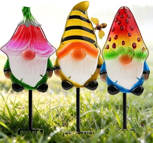 Gnome Garden Stake Set of 3 Metal Glass 18.3" Funny Outdoor Yard Lawn Decor by LEGIFOGardenDecor