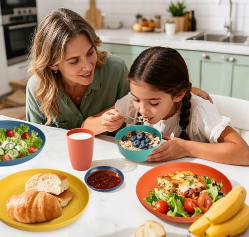 Wheat Straw Dinnerware Sets, Unbreakable Plates and Bowls Sets of 16, Kids Dinnerware Set Sevice for 4, Dishwasher & Microwave Safe Dish Set for Kitchen, Outdoor, Camping - Multi - Image 2