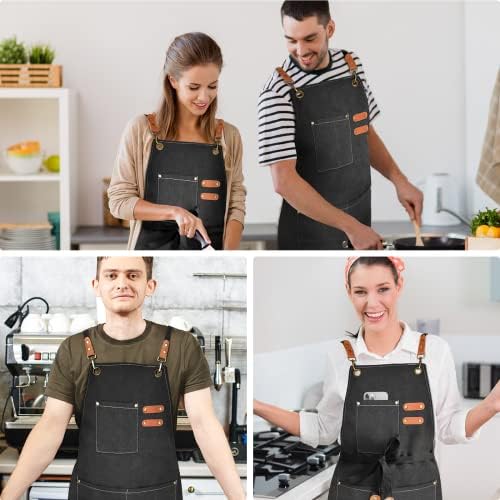 OUNLEN Chef Apron for Men Women Canvas Aprons with 3 Pockets Cross Back Resistant Work Apron for Cooking - Image 6