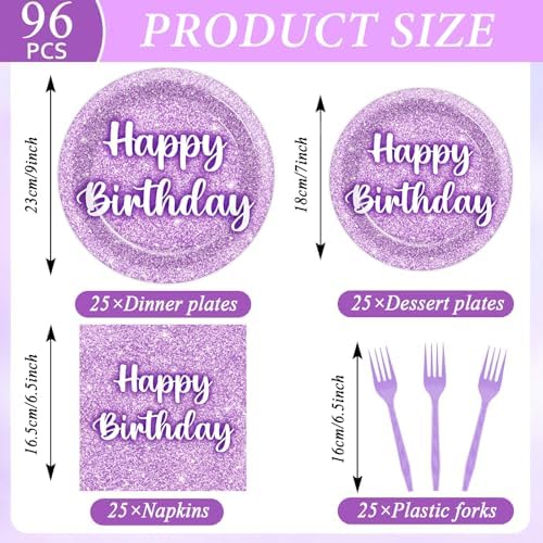 96PCS Purple Glitter Birthday Party Plates and Napkins Purple K-pop Tableware Party Paper Plates Glitter Disposable Dinnerware Parties Set for Girls Women Birthday Sprinkle Anniversary Decorations - Image 2