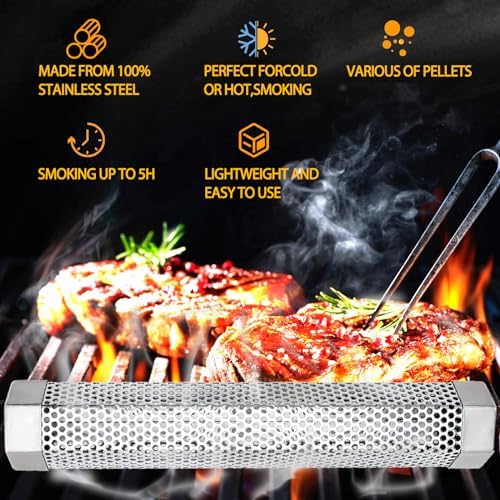 2 Pack 12" Smoker Tube, Pellet Smoker Tube Stainless Steel for BBQ Grill - 5 Hours Billowing Smoke for Hot/Cold Smoking Cheese, Meat, Fish, Hexagon Design, Includes Hooks, Basting & Cleaning Brushes - Image 4