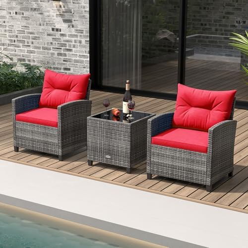 KOTEK 3 Piece Patio Furniture Set, Outdoor PE Rattan Conversation Set with Washable Cushions & Tempered Glass Tabletop, Wicker Chairs and Table Set for Porch, Garden, Balcony (Red) - Image 2