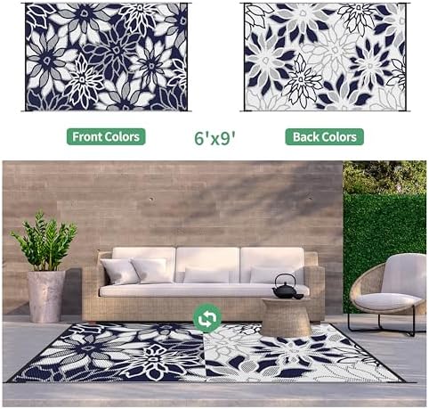 GENIMO Outdoor Rug, Waterproof Plastic Rugs for Patio, 6'x9' Sapphire White - Image 2
