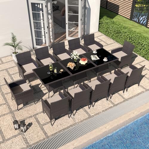 Gotland 15 Piece Outdoor Dining Set, All-Weather Rattan Patio Furniture Set with Umbrella Hole Tempered Glass Square Table, Outdoor Table and Chairs with Removable Cushions for Backyard, Deck Sand by Gotland