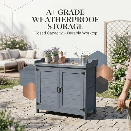 GDLF Outdoor Storage Cabinet with Work Bench, Garden Potting Table, Gray - Image 5