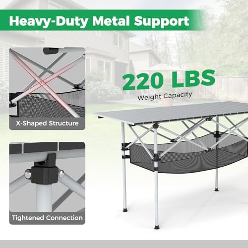 GIANTEX Folding Camping Table, Portable Picnic Table w/Aluminum Roll-up Tabletop & Mesh Basket, Outdoor Lightweight Table w/Carrying Bag for Backyard, Beach, Fishing, BBQ, Patio (47"x22"x27",Silver) - Image 5