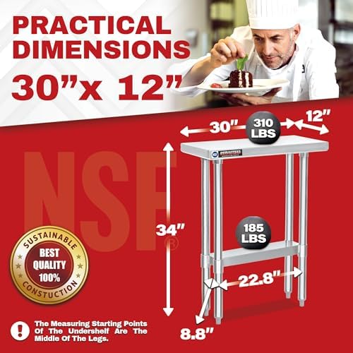 DuraSteel 30x12 Narrow Stainless Steel Table - NSF Small Food Prep Worktable - Counter Height Metal Side Station with Under Shelf - For Laundry Room, Kitchen, Outdoor Grill, Small Spaces - Image 2