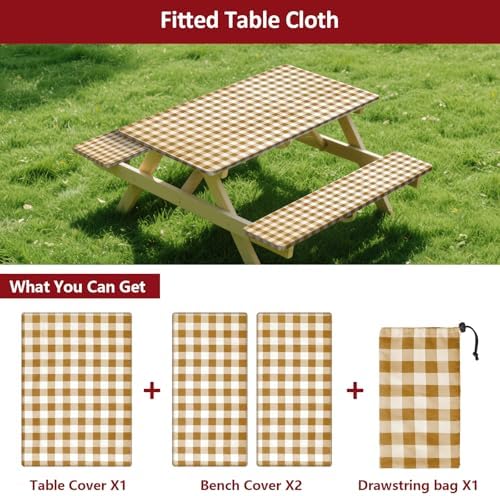 6ft 72in Picnic Table and Bench Cover, 3 Pack, Coffee Checkered - Image 3