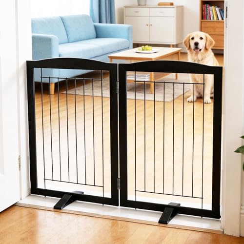 ZJSF Freestanding Dog Fence Indoor, Foldable Dog Gate for Doorways, Stairs or Hallways, Sturdy Wood Extra Wide Pet Gate with Support Feet for The House, Black, 24 "Height-2 Panels by ZJSF