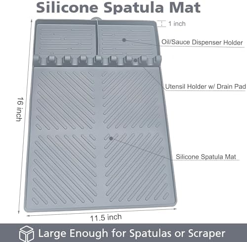 Silicone Griddle Tools Mat for Blackstone, Spatula Rest with Drip Pad, Grill Side Shelf Mat for Blackstone, Silicone Utensil Rest/Holder for BBQ Tools (Gray 1 Pack) - Image 2