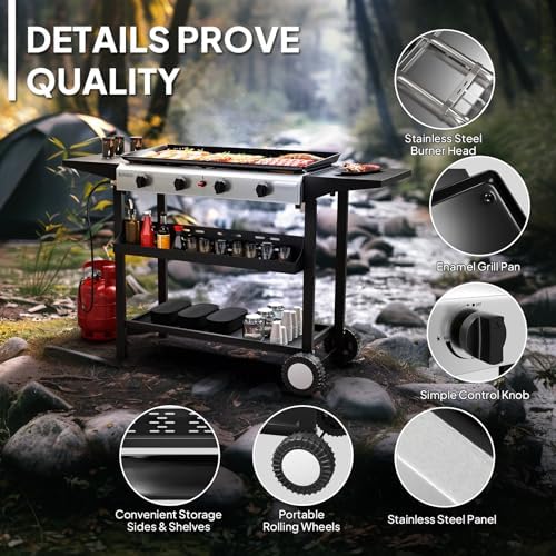 ROVSUN 4 Burner Portable Propane Griddle with Electronic Ignition, 40000 BTU Rolling Flat Top Gas Grill with Nonstick Enameled Tray, Side Shelves & Regulator for Outdoor Cooking Camping BBQ Tailgating - Image 3