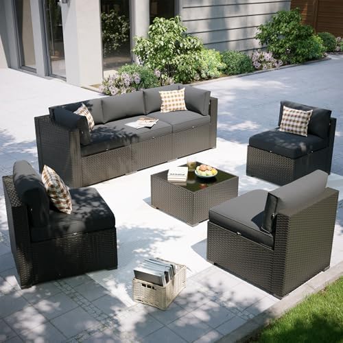 Aoxun Patio Furniture Set, 7 Piece Outdoor Sectional Sofas with Think Cushions, Wicker Rattan Outdoor Furniture Patio Conversation Set for Backyard, Garden Dark Grey by Aoxun