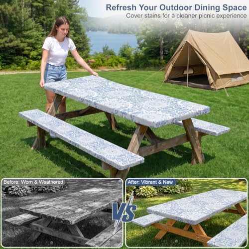 Picnic Table Cover with Bench Covers Portable Table Cloth Built-in Storage Pocket Picnic Table Covers With Elastic Waterproof Camping Essentials for RV Camping - Image 4