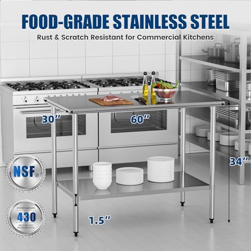 Stainless Steel Work Table 30 x 60 Inch with Adjustable Undershelf, Heavy-Duty Metal Prep Table for Commercial Kitchen & Restaurant, Garage, Outdoor - Image 3