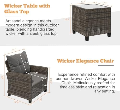 Shintenchi 3 Pieces Patio Furniture Set 3 Pieces PE Rattan Wicker Chairs with Table Outdoor Furniture for Backyard/Garden/Poolside/Outdoor Restaurant Gary Rattan with Gary Cushion - Image 4